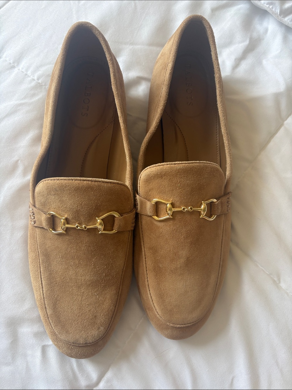 Talbots Tan Suede Loafers with Gold Hardware